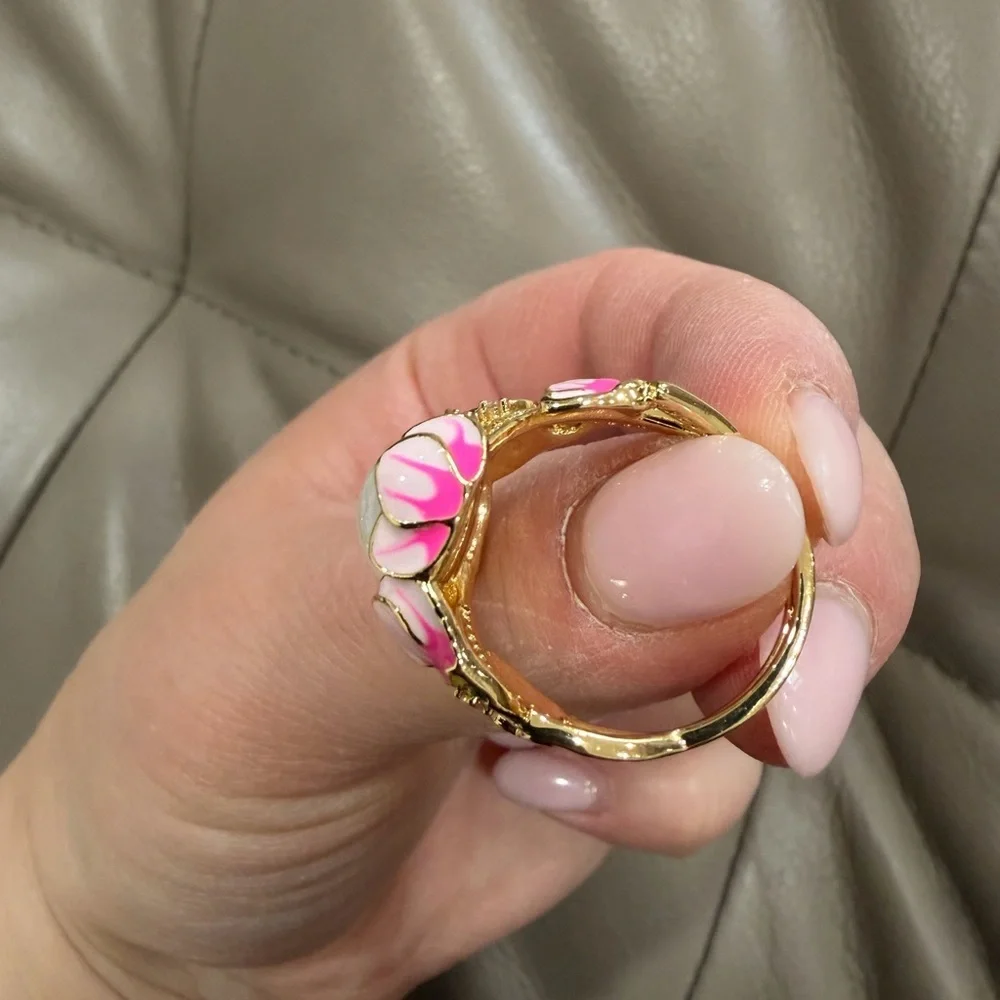 Floral Opal Statement Ring – Gold Tone Pink Enamel Flower Ring 9